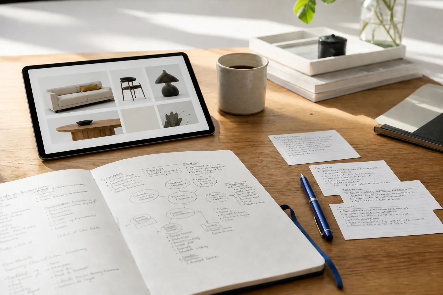 Strategy desk with a tablet, brand research notes, and furniture references