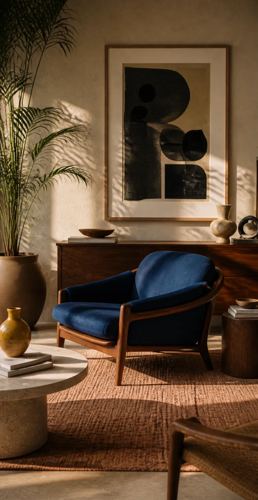 Sculptural cobalt lounge chair with a walnut frame in a curated living room