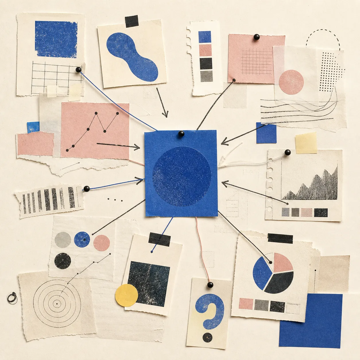 Abstract research map showing evidence converging into a central insight